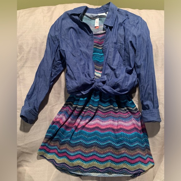 Cute colorful comfy Chevron stripe print dress sz L denim top shirt blue purple - Picture 7 of 16